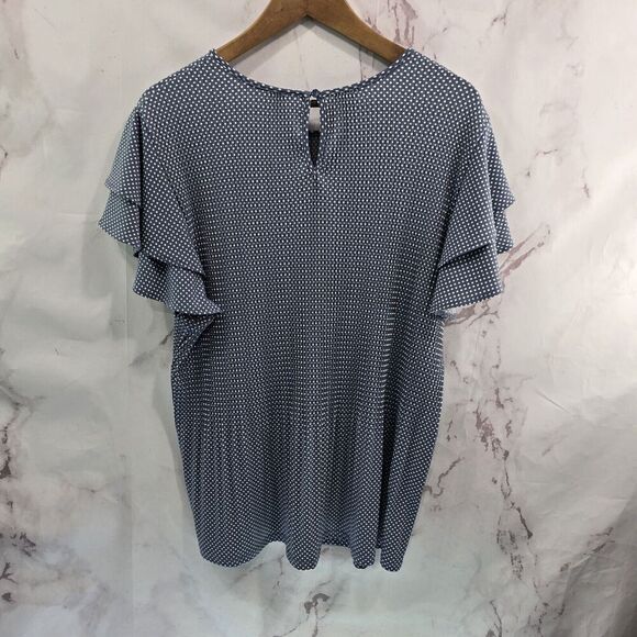Adrianna Papell Shirt Womens XL Navy White Spot Dot Blouse Double Sleeve Ruffle - Picture 5 of 10